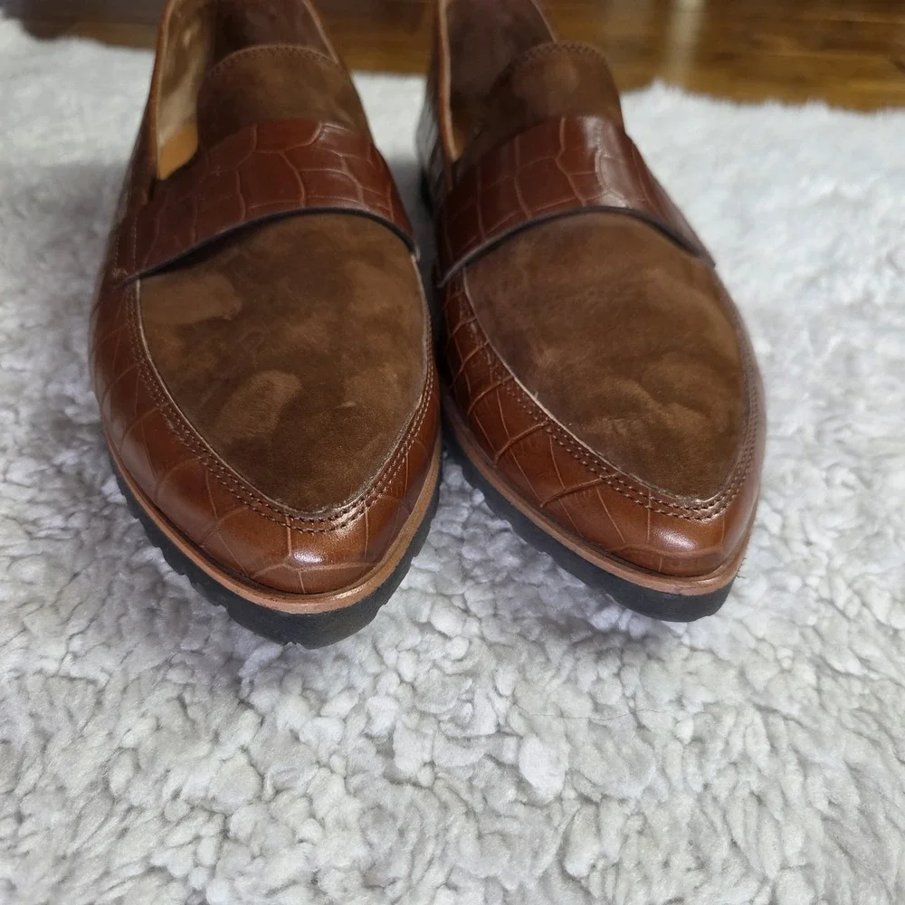 Paul Green Dara Leather Croc Embossed Pointed Loafers Size 10 US / 7.5 UK Brown
